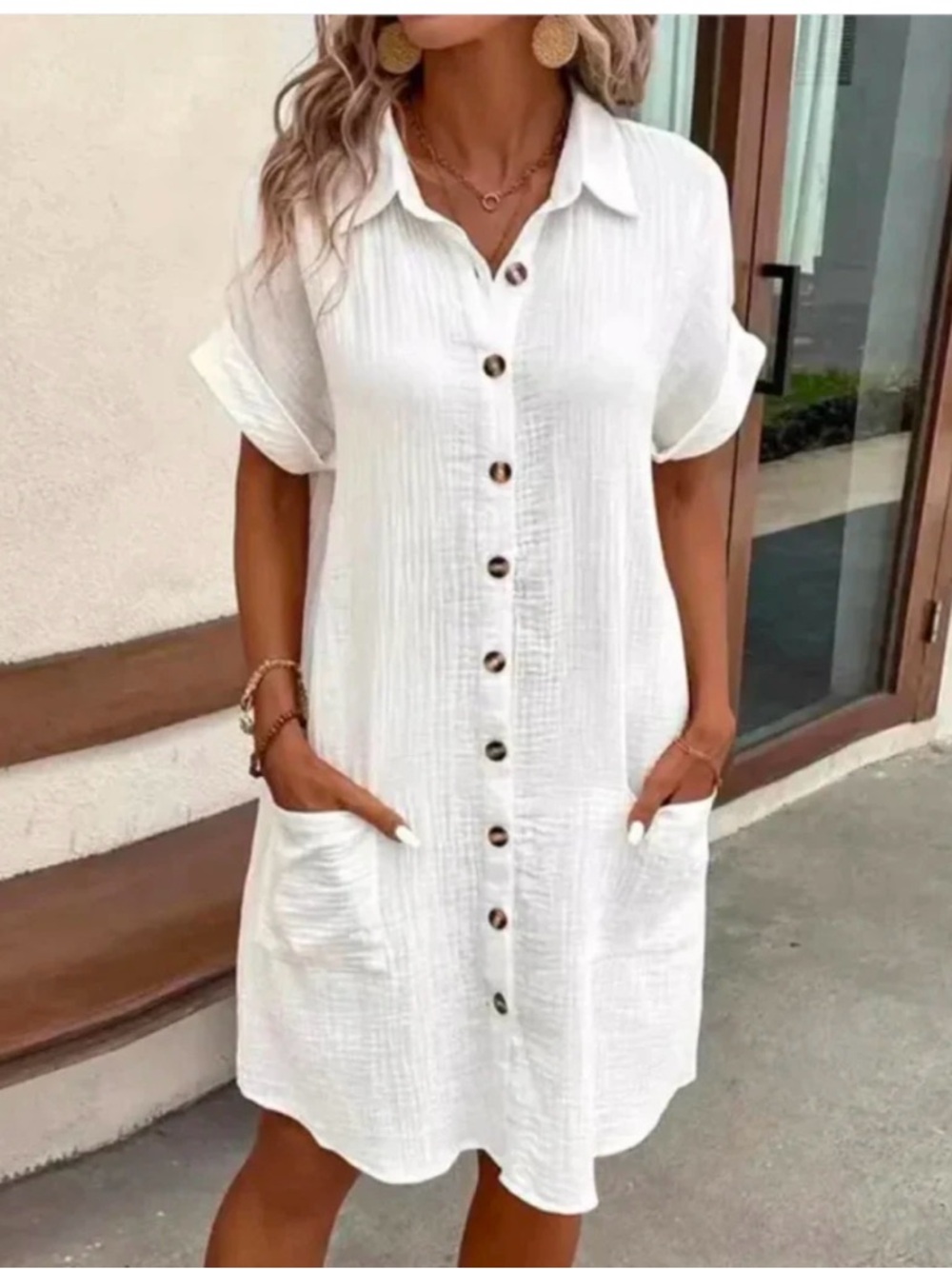 Casual White Button-Front Shirt Dress